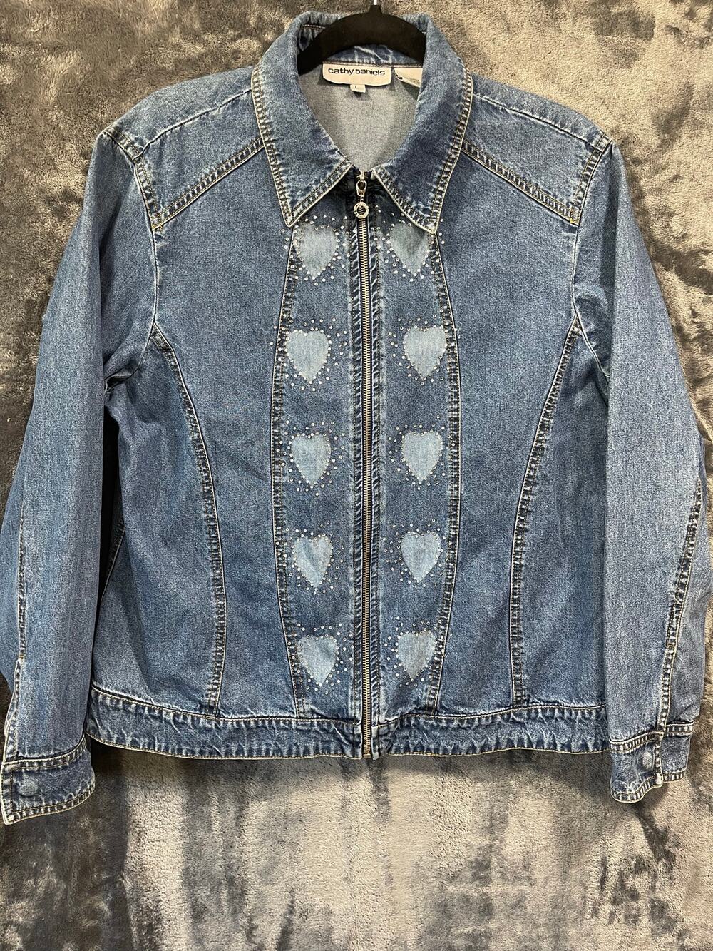 Y2K Rhinestone Heart Denim Jacket Womens L Cathy Daniels Zip Up Blue Jean Jacket